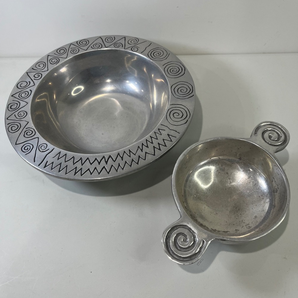 2 pc Wilton Armetale and Holland Boone Polished Pewter Bowl Set Spiral Zig Zag